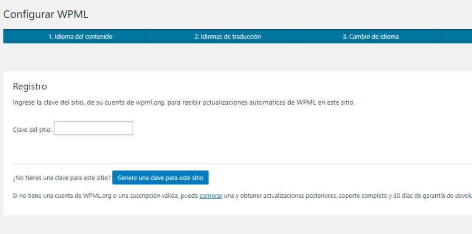 registro del WPML WMPL plugin multilenguaje WordPress