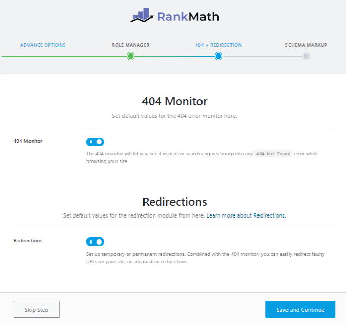 Redirecciones del monitor Rank Math 404