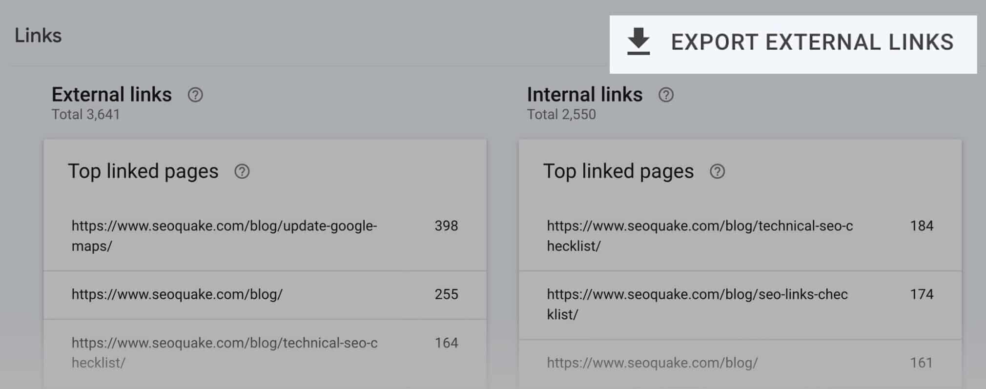 consola de búsqueda de google exportar enlaces externos